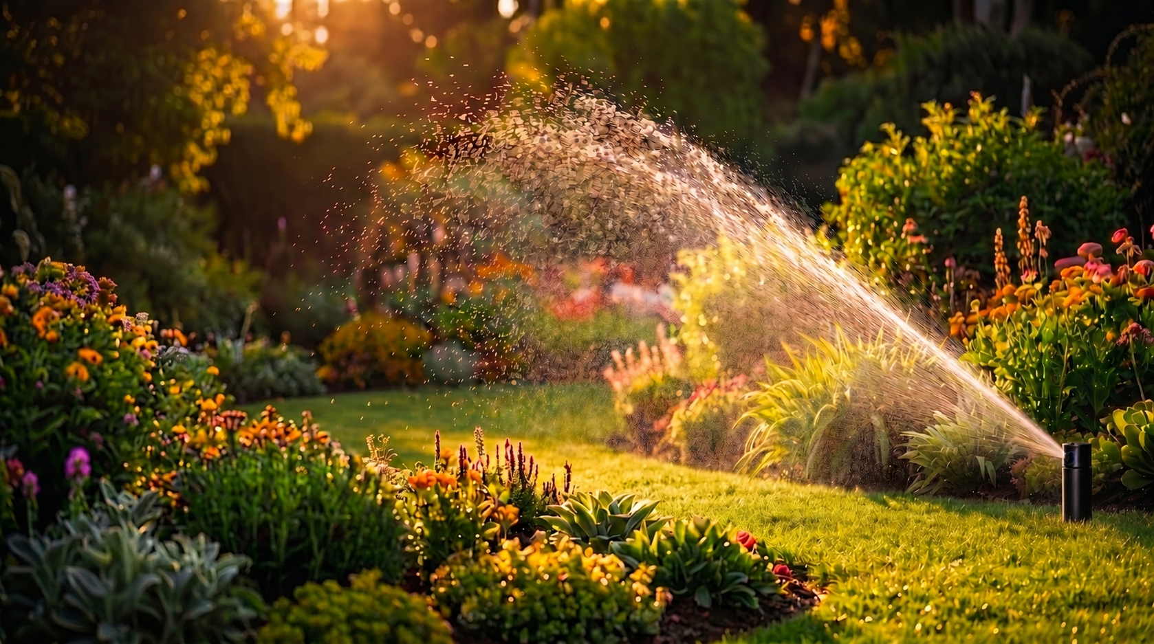 Irrigation sprinkler watering a garden at golden hour